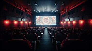 Kino Innere von Film Theater mit leeren rot und schwarz Sitze mit Copyspace auf das Bildschirm und glühen auf Rand. generativ ai foto