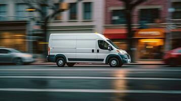 ein Weiß Lieferung van transportiert auf ein Straße im Stadt. Transport. generativ ai foto