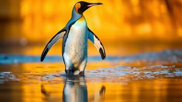 ein groß König Pinguin gehen zu Blau Wasser, atlantisch Ozean im Falkland Insel. generativ ai foto