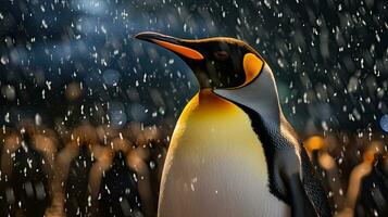 ein König Pinguin Blicke himmelwärts wie Schnee Stürze sanft. im das Hintergrund, andere Mitglieder von das Pinguin Kolonie ebenfalls genießen das Selten Süd Georgia Sommer- Schnee. generativ ai foto