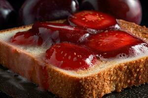 Pflaume Toast, Makro Schuss von ein frisch Frühstück mit tropft Honig, ai generiert foto