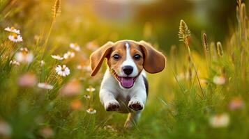 Tier. süß Hund Beagle Laufen im das Gras. Haustiere. generativ ai foto