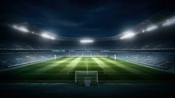 Fußball Arena. Sport Stadion mit Beleuchtung Hintergrund. generativ ai foto