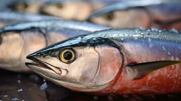 Thunfisch Fisch auf Eis im das Markt. Thunfisch. generativ ai foto