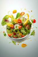 Salat fliegend Zutaten auf Weiß Hintergrund, ai generiert foto