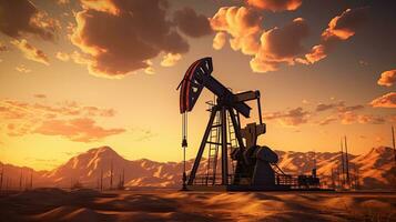 Silhouette von roh Öl Pumpenheber rig auf Wüste Silhouette im Abend Sonnenuntergang, Energie industriell Maschine zum Petroleum Gas Produktion. generativ ai foto