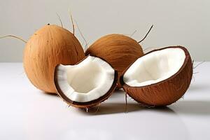 Kokosnuss und Kokosnuss Hälfte mit Kokosnuss Blätter auf Weiß Hintergrund. generativ ai foto