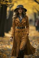 jung Frau Gehen im das Herbst Park, erstellt mit generativ ai foto