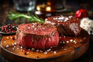 roh Rindfleisch Filet Mignon Steak auf ein hölzern Tafel mit Pfeffer und Kräuter, ai generiert foto