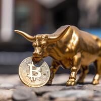 Nahansicht von ein Bitcoin mit ein Stier generativ ai foto