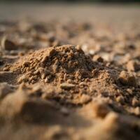 Nahansicht von ein körnig sandig Strand generativ ai foto