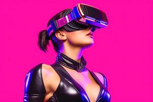 schwer stilisiert Porträt von ein Frau eingetaucht im ein vr Headset Simulation generativ ai foto