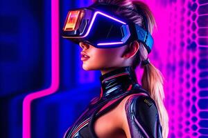 schwer stilisiert Porträt von ein Frau eingetaucht im ein vr Headset Simulation generativ ai foto