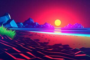 Low-Poly Neon- Sommer- Strandlandschaft generativ ai foto