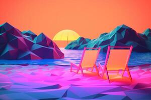 Low-Poly Neon- Sommer- Strandlandschaft generativ ai foto