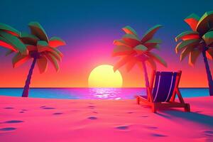 Low-Poly Neon- Sommer- Strandlandschaft generativ ai foto