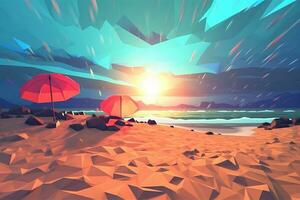 Low-Poly stürmisch Sommer- Strandlandschaft generativ ai foto