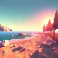 Low-Poly Sommer- Strandlandschaft generativ ai foto