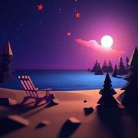 Low-Poly Sommer- Nacht Strandlandschaft generativ ai foto