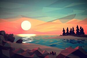 Low-Poly Dämmerung Strandlandschaft Hintergrund generativ ai foto