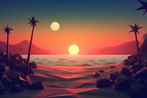 Low-Poly Dämmerung Strandlandschaft Hintergrund generativ ai foto