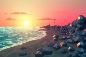 Low-Poly Dämmerung Strandlandschaft Hintergrund generativ ai foto