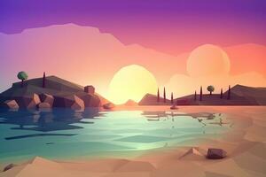 Low-Poly Dämmerung Strandlandschaft Hintergrund generativ ai foto