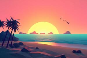 Low-Poly Dämmerung Strandlandschaft Hintergrund generativ ai foto