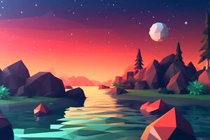 Low-Poly Dämmerung Strandlandschaft Hintergrund generativ ai foto