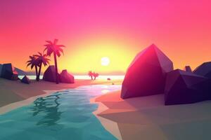 Low-Poly Dämmerung Strandlandschaft Hintergrund generativ ai foto