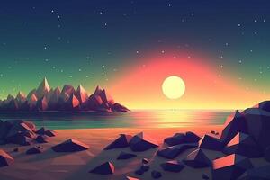 Low-Poly Dämmerung Strandlandschaft Hintergrund generativ ai foto