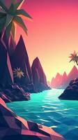 Low-Poly Dämmerung Strandlandschaft Hintergrund generativ ai foto