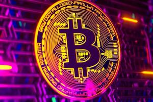 Neon- Bitcoin Nahansicht generativ ai foto