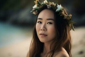 Porträt von ein asiatisch Frau auf tropisch Strand generativ ai foto
