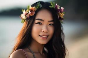 Porträt von ein asiatisch Frau auf tropisch Strand generativ ai foto