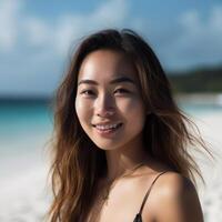 Porträt von ein asiatisch Frau auf tropisch Strand generativ ai foto