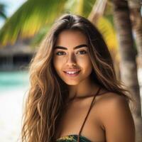 Porträt von ein attraktiv jung Frau auf tropisch Strand generativ ai foto