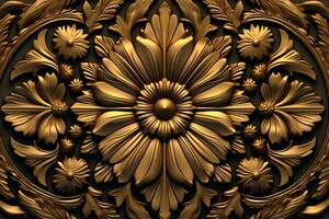 3d Rendern von ein aufwendig Gold Blumen- Design auf ein schwarz Hintergrund generativ ai foto