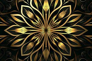 ein golden Blumen- Muster auf ein schwarz Hintergrund generativ ai foto