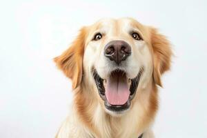 ein golden Retriever Hund mit es ist Mund öffnen auf ein Weiß Hintergrund generativ ai foto