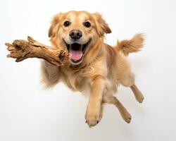 ein golden Retriever Hund ist halten ein Stock im es ist Mund generativ ai foto