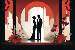 ein Mann und Frau sind silhouettiert gegen ein rot Hintergrund generativ ai foto