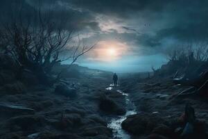 ein Mann Stehen im das Mitte von ein dunkel Wald generativ ai foto