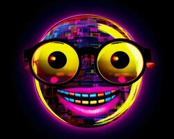 ein Neon- Smiley Gesicht mit Brille auf ein schwarz Hintergrund generativ ai foto