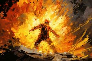 ein Gemälde von ein Mann Stehen im Vorderseite von ein Feuer generativ ai foto