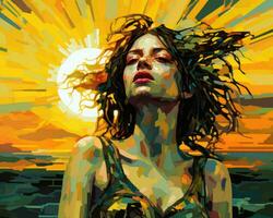 ein Gemälde von ein Frau mit ihr Haar weht im das Wind generativ ai foto