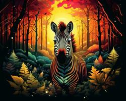ein Gemälde von ein Zebra Stehen im das Wald beim Sonnenuntergang generativ ai foto