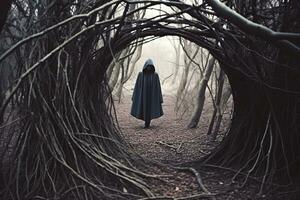 ein Person im ein mit Kapuze Mantel Stehen im das Mitte von ein dunkel Wald generativ ai foto