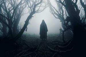 ein Person im ein mit Kapuze Kleid Stehen im das Mitte von ein dunkel Wald generativ ai foto