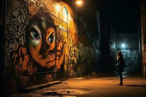 ein Person Stehen im ein Gasse beim Nacht mit Graffiti auf das Mauer generativ ai foto